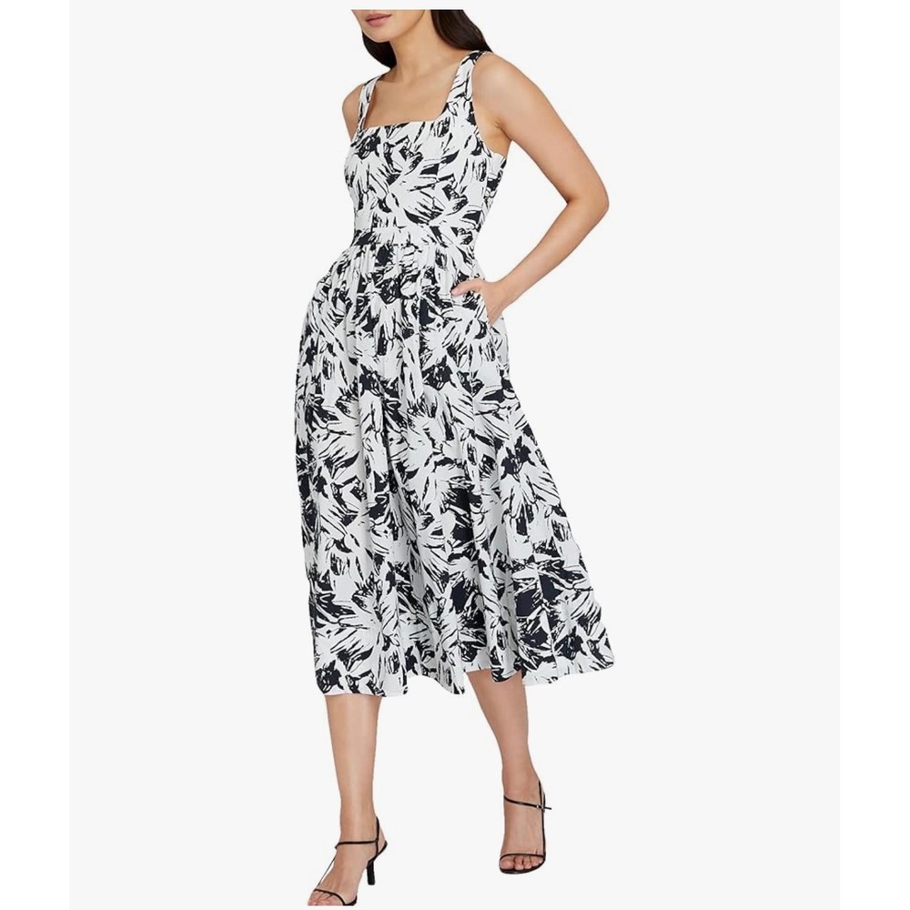 Club Monaco Square Neck Day Dress Black White Abstract Floral Midi NWT 00
